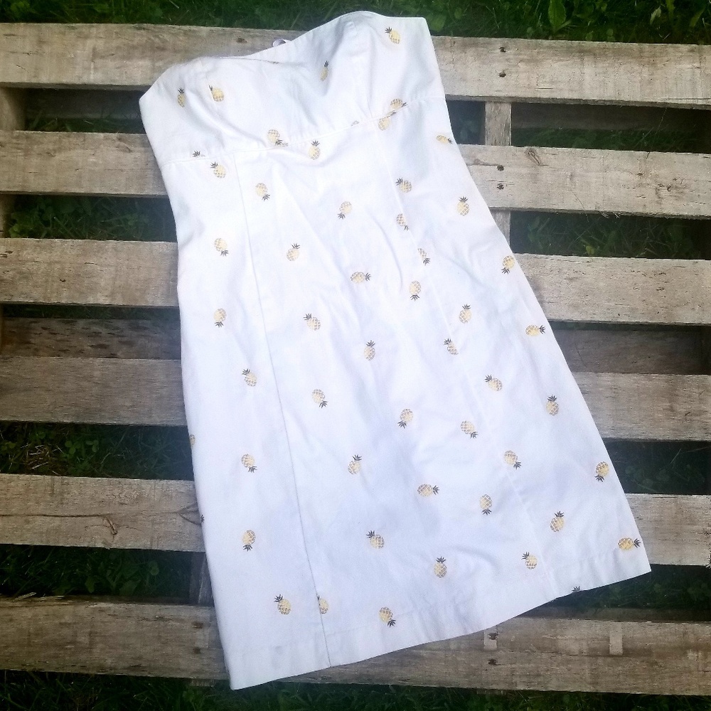 White Pineapple Print Strapless JCrew Dress